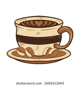 Dibujado a mano de la taza de café con Latte Art y granos de café
