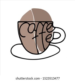 Hand drawn coffee cup with hand lettering and stylized coffee beans. Isolated on the white background