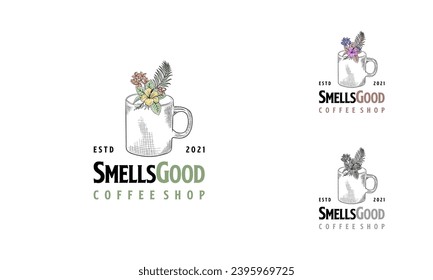 Hand drawn coffee cup logo with beautiful Flower, Smells Good Coffee cafe logo template