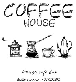 Hand drawn coffee cup, mill and kettle. Vector Illustration
