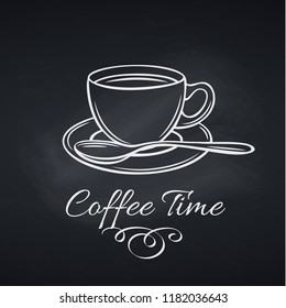 Hand drawn coffee cup on chalkboard. Menu cafe and promotion coffee house. Sketch retro style.