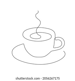 Hand drawn coffee cup, one line art, stylized continuous contour. Fragrant drink with steam in a mug. Doodle, sketch style, minimalism. Isolated. Vector illustration
