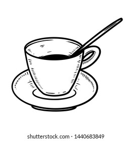 Hand drawn coffee cup with plate. Design element for poster, card, emblem, sign. Vector illustration