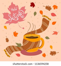hand drawn coffee cup with scarf and fall leaves in autumn card