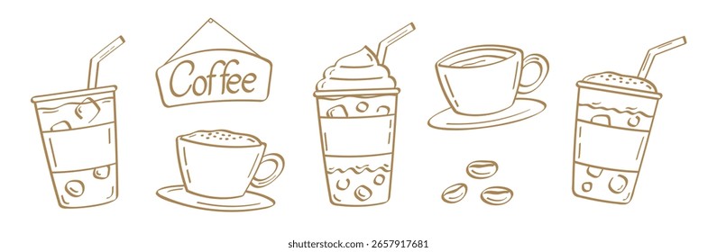 vetor gráfico de linha de conjunto de xícara de café desenhada à mão