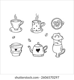 Hand drawn coffee cup with smoke set. Minimalist sketch doodle for cafe. Sketched teacup art icon, handdrawn tea bowl, simple hot drink mug drawing logo