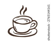 Hand drawn coffee cup with steam in naive doodle style. Minimal outline illustration of hot beverage, cozy cafe element for design, stickers and branding.