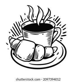 Ilustración vectorial de color negro dibujada a mano con café y croissant. Estilo de grabado vintage. Aislado sobre fondo blanco.