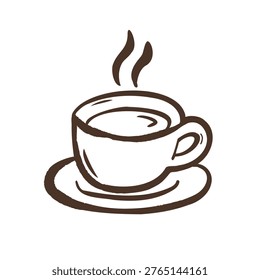 Hand drawn coffee cup with steam in naive doodle style. Minimal outline illustration of hot beverage, cozy cafe element for design, stickers and branding.