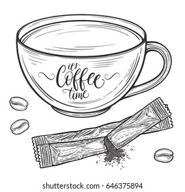 Hand drawn coffee cup, sugar package and coffee beans. Isolated on white background. Decorative doodle vector illustration