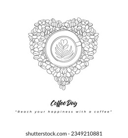 Hand drawn of coffee cup surrounded by coffee that forms a heart for coffee day campaign design