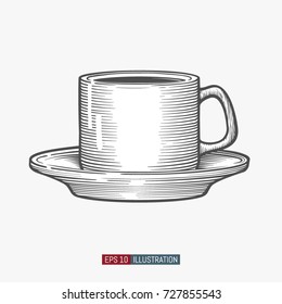 Hand drawn coffee cup. Template for your design works. Engraved style vector illustration.