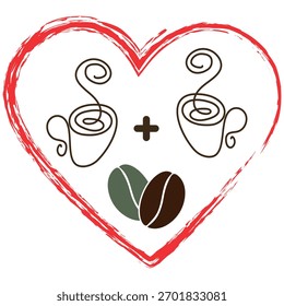 Hand Drawn Coffee cups with coffee beans and Heart shape Framed Love Coffee Concept Minimalist Flat