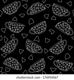 Hand drawn Coffee Cups Illustration. Seamless vector pattern. Monochrome.