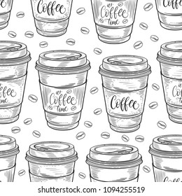 Hand drawn coffee cups seamless pattern. Isolated on white background. Decorative doodle vector illustration