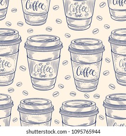 Hand drawn coffee cups seamless pattern. Isolated on white background. Decorative doodle vector illustration