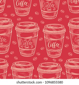 Hand drawn coffee cups seamless pattern. Isolated on white background. Decorative doodle vector illustration
