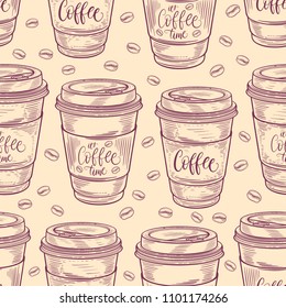 Hand drawn coffee cups seamless pattern. Isolated on white background. Decorative doodle vector illustration