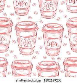 Hand drawn coffee cups seamless pattern. Isolated on white background. Decorative doodle vector illustration