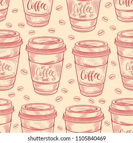 Hand drawn coffee cups seamless pattern. Isolated on white background. Decorative doodle vector illustration