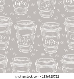 Hand drawn coffee cups seamless pattern. Isolated on white background. Decorative doodle vector illustration