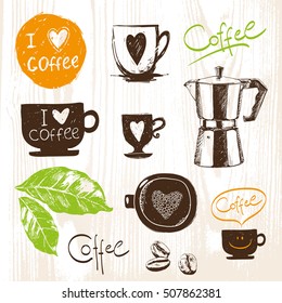 Hand drawn coffee cups set. Vector icons collection. Vintage. Menu.