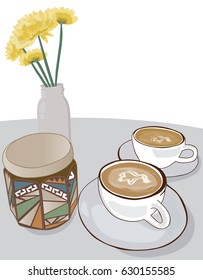 hand drawn coffee cups, sugar container and beautiful flowers on table. illustration vector