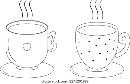 Hand drawn coffee cups or tea cups doodle. Tea time in sketch style.