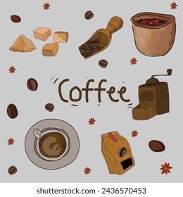 Hand drawn coffee design icon set. Vector illustration.