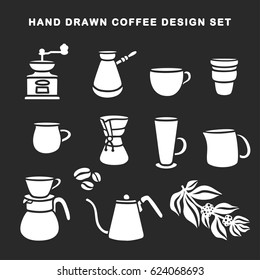 Hand drawn coffee design set. Hand crafted design elements for posters, prints, advertising. Kitchenware silhouettes. Vector vintage illustration.