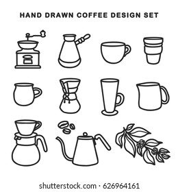 Hand drawn coffee design set. Hand crafted design elements for posters, prints, advertising. Kitchenware silhouettes. Vector vintage illustration.