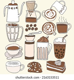 Hand drawn coffee and dessert collection in doodle art style 