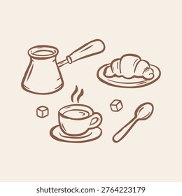 Hand drawn coffee and dessert doodle set with cup, croissant, cezve and spoon. Cozy cafe style illustration for bakery and breakfast design.