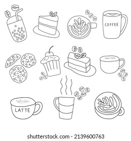 Hand drawn coffee and dessert food set on white background. Vector illustration in doodle art style