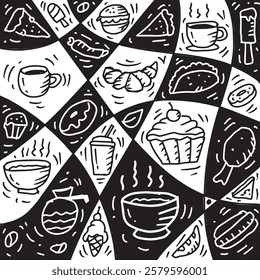 Hand drawn coffee and desserts for wall art decoration.