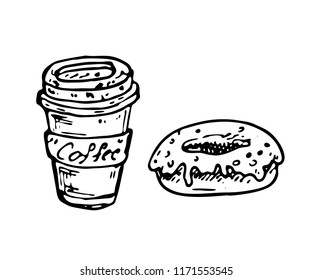 Hand drawn coffee and donut doodle. Sketch food and drink, icon. Decoration element. Isolated on white background. Vector illustration.
