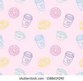 Hand drawn coffee and donut seamless pattern. Line artwork textile graphics.