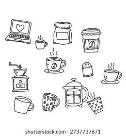 Hand drawn coffee doodle collection including cups, coffee beans, grinder, french press, takeaway cup and laptop. Cute outline sketch style isolated on white background