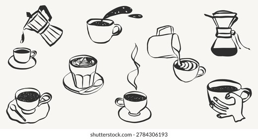 Hand drawn coffee doodle icons with cafe cups and morning beverage. Quirky sketch style vector set for menu design, posters and branding with vintage charm. Whimsical Vector Illustration