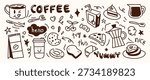 Hand drawn coffee doodle set on brown background with cups, beans, donut, croissant, cake and cafe elements. Black and white vector illustration for menus, packaging, posters and stickers.