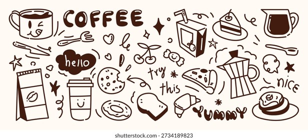 Hand drawn coffee doodle set on brown background with cups, beans, donut, croissant, cake and cafe elements. Black and white vector illustration for menus, packaging, posters and stickers.