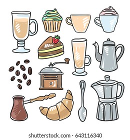 Hand drawn coffee doodle set. Cute cafe illustrations, coffee drinks and desserts