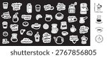 Hand drawn coffee doodle stickers set. Cute coffee design elements and lettering quotes for menu design. Line art clipart symbols.