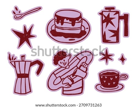 Hand drawn coffee doodles and cafe stickers. Pancakes, French press coffee, barista, geyser coffee maker, mug. rayon drawn graphic icons. Brew shop elements.