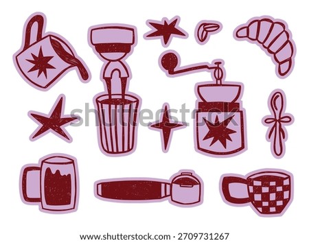 Hand drawn coffee doodles and cafe stickers. Mugs, croissant, spoon, coffee beans, coffee grinder. rayon drawn graphic icons. Brew shop elements.