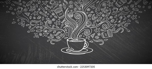 Hand drawn coffee doodles concept art. Coffee shop wall background illustration. Line drawing doodle collection with cups of coffee on dark background.