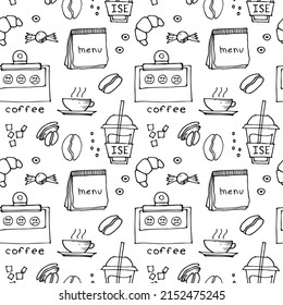doodles de café dibujados a mano: bebidas, postres, frijoles y otros objetos relacionados. Patrón transparente del vector