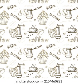 doodles de café dibujados a mano: bebidas, postres, frijoles y otros objetos relacionados. Patrón transparente del vector