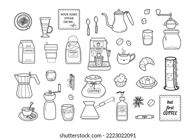 Conjunto de elementos de doodles de café dibujado a mano. Herramientas de elaboración de café, máquina, bolso, vidrio, molino, taza, hervidor, jarra de leche, judías, panadería en forma de boceto. Ilustración de vector de contorno