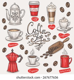 hand drawn coffee doodles set